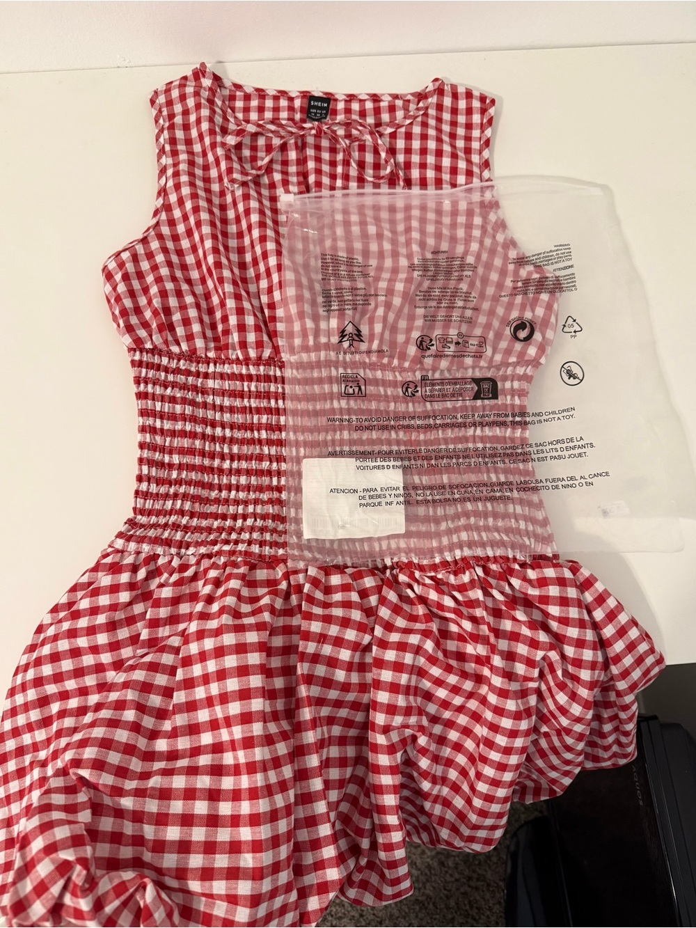 SHEIN Red and White Gingham Smocked Waist Mini Dress
